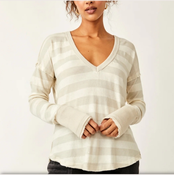 We The Free Tops - We The Free Sail Away Striped Long Waffle Knit Sleeve Top XS Beige White Neutral